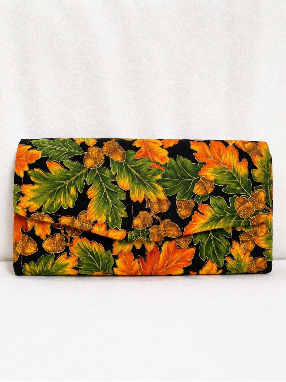 Handmade Fabric Wallet Clutch Fall Leaves Acorns Print Autumn Wallet